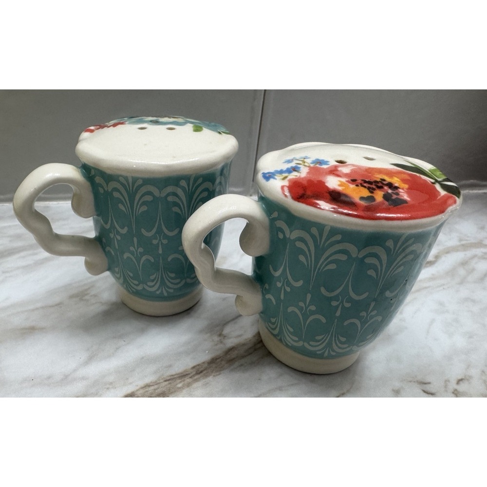 The Pioneer Woman Melody Floral & Teal Teacup Ceramic Salt & Pepper Shaker Set
